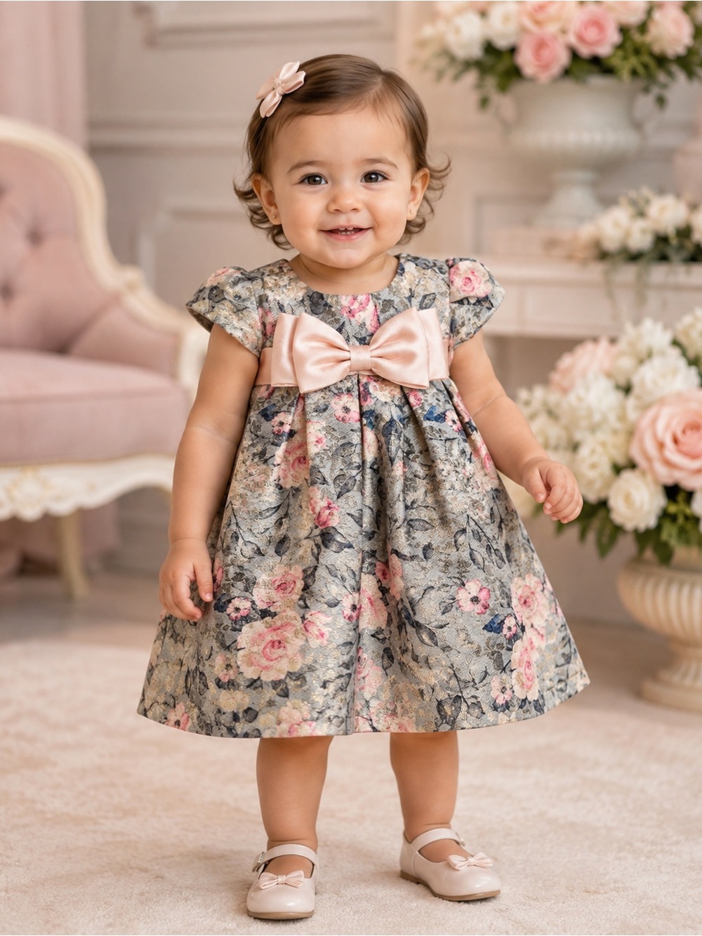 Bonnie Baby Girls 12M Blush Bow Floral Metallic Brocade Party Dress EUC